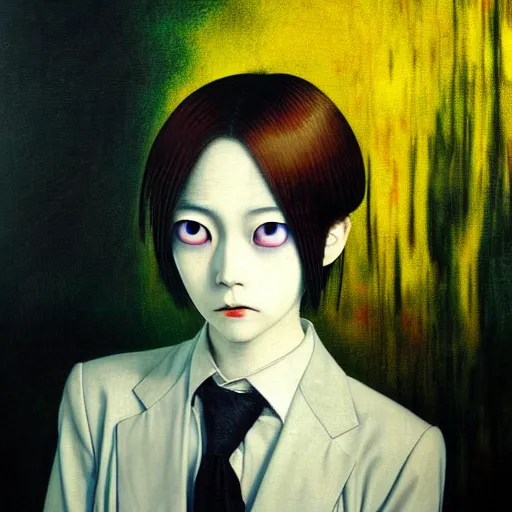 Image similar to yoshitaka amano blurred and dreamy realistic three quarter angle horror portrait of a sinister young woman with short hair and yellow eyes wearing office suit with tie, junji ito abstract patterns in the background, satoshi kon anime, noisy film grain effect, highly detailed, renaissance oil painting, weird portrait angle, blurred lost edges