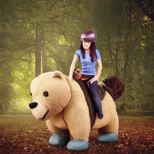 Prompt: realistic girl riding a bear in the wood