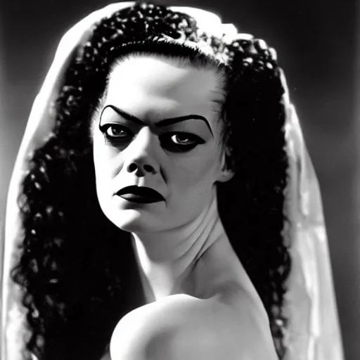 Prompt: emma stone as the bride of frankenstein, 1 9 3 5, universal, movie, photography, portrait, beautiful,