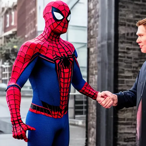 Prompt: Jerma985 shaking hands with Spider-Man