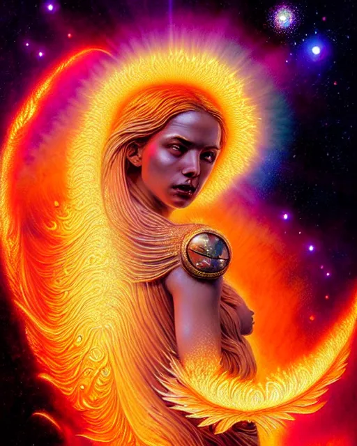 Image similar to beautiful realistic incendiary full front pose portrait of a sensual young sun goddess of the fractal stars, intricate halo of crystals, flame tips, plasma swirls, nebulas, solar flares, stardust, art by kilian eng, artgerm, greg rutkowski and h. r. giger, gothic, neo - gothic, ornamental, beautiful vivid colors