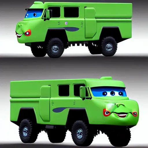 Image similar to HIMARS, Cars Pixar movie style, detailed, green