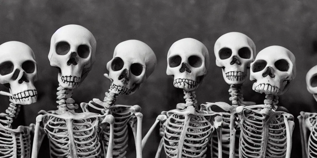 Prompt: Numerous skeletons smoking cigars, black and white image, visible smoke