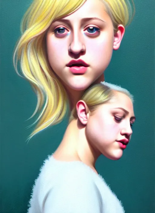 Image similar to full body portrait, teenage lili reinhart, blonde hair, obese, bangs, ponytail, sultry, realistic, sweater, fluffy bangs, fully clothed, curly bangs, fat, belly, intricate, elegant, highly detailed, digital painting, artstation, concept art, smooth, sharp focus, illustration, art by wlop, mars ravelo and greg rutkowski