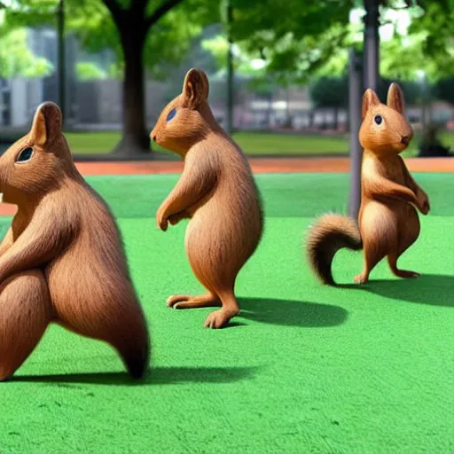 Prompt: three squirrels play basketball in a city park whilst a crowd of vegetables cheer from the side, realistic render