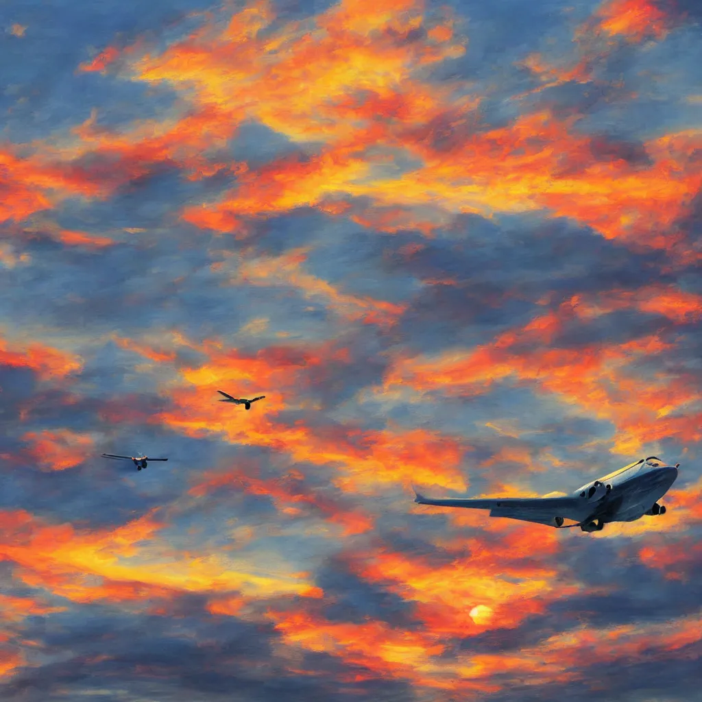 Image similar to Photorealistic painting of a plane flying straight into World Trade Center with a beautiful sunset in the background