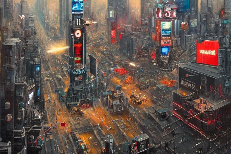 Image similar to 1 9 5 0's robots attacking times square highly detailed, us air force vintage planes firing guns explosions people running for dear life, atmosphere by peter mohrbacher and igor morski, very detailed, 2 4 mm lens, deep depth of field, artstation, 8 k