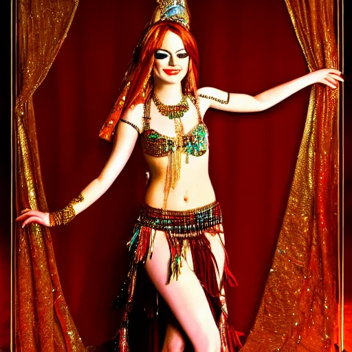 Image similar to a portrait of emma stone dressed as a belly dancer, arabian night, high quality, fully detailed, 4 k, in focus face with fine details, realistic hand details and anatomy