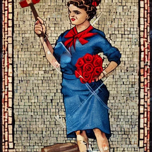 Prompt: Rosie the riveter holding a hammer and sickle, wearing a red rose, on roman mosaic