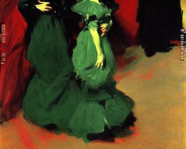 Image similar to a green, red, and black painting by John Singer Sargent