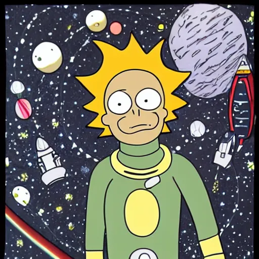 Prompt: morty in a spacesuit roams the universe