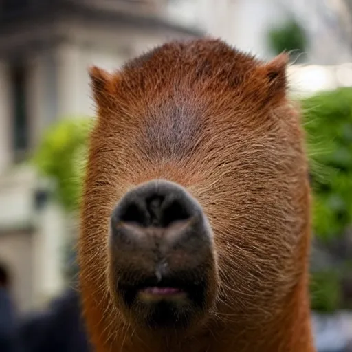 Image similar to capybara head, a man wearing a suit capybara head (smoking cigar)