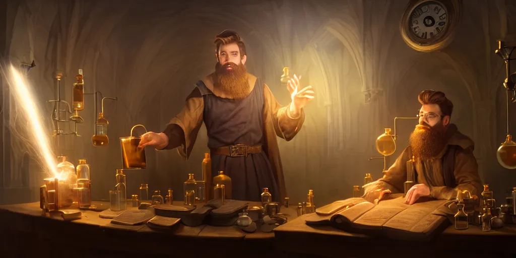 Prompt: a handsome bearded caucasian male sorcerer with brown hair, he is in a alchemist lab filled with beakers and equipment, he is casting a spell from a open book with magic filling the room, neutral pose, epic composition, 4 k, light rays, super coherent, by dave melvin, dan luvisi and greg rutkowski