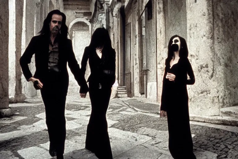Prompt: technicolor film still of nick cave and pj harvey in rome