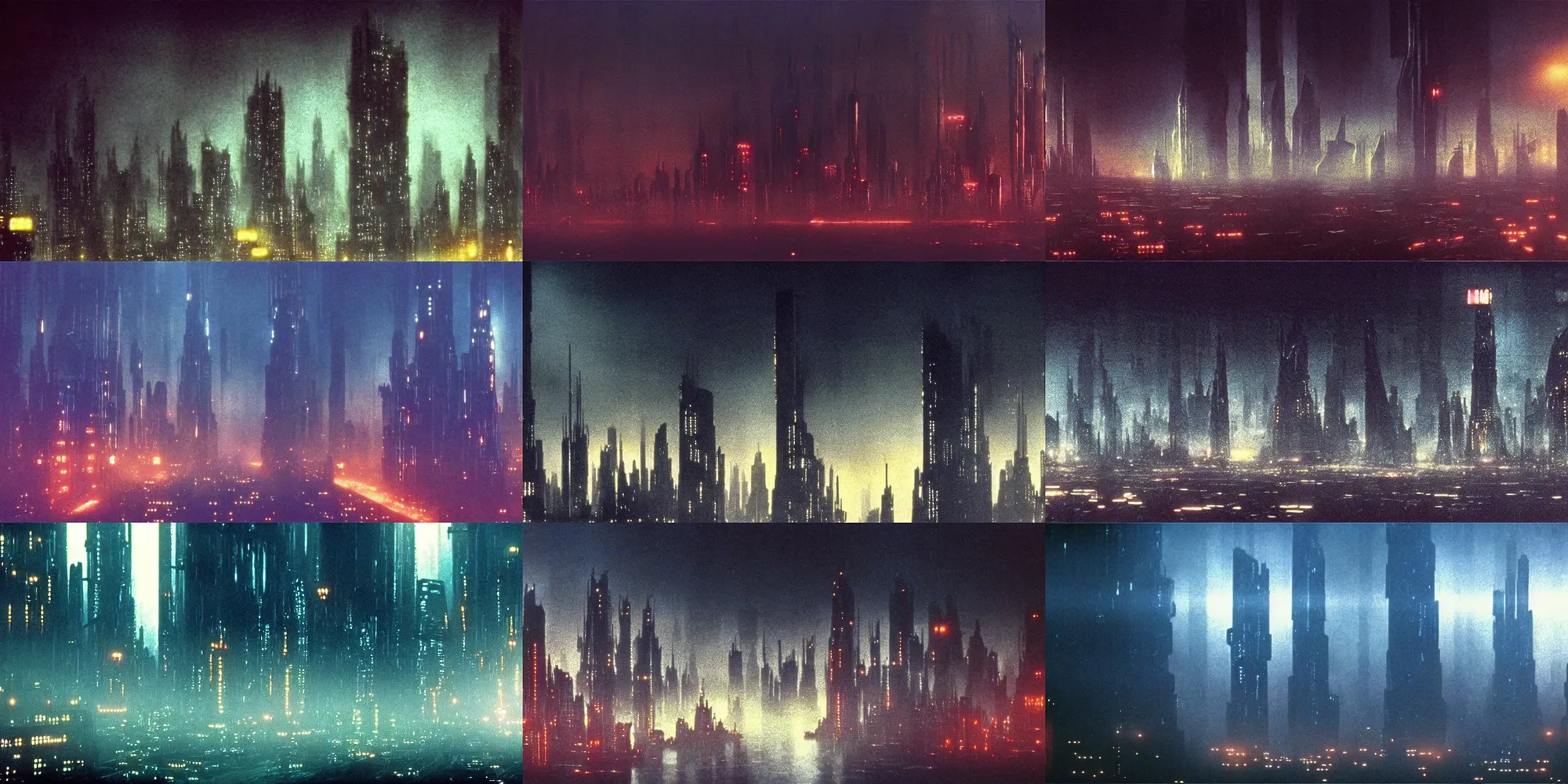 Prompt: 3 5 mm atmospheric dusk night - time photographic landscape of dystopian blade runner 1 9 8 2 city, matte painting, cinematic composition, futuristic dystopian megacity endless various mega - skyscrapers endlessly rising into the horizon, falling acid rain, neon, dramatic cinematography 3 5 mm