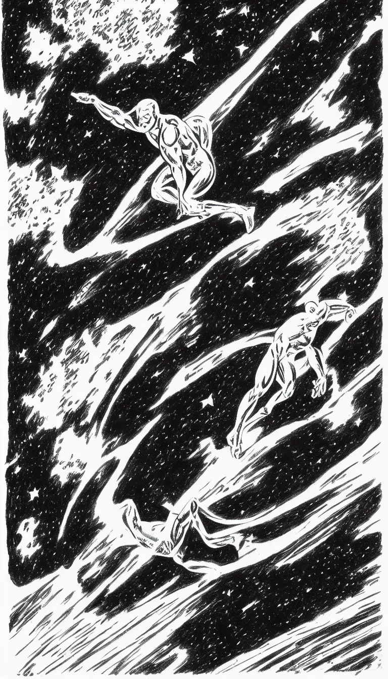 Image similar to silver surfer in space hovering above earth, by steve ditko, black and white, pencil drawing,