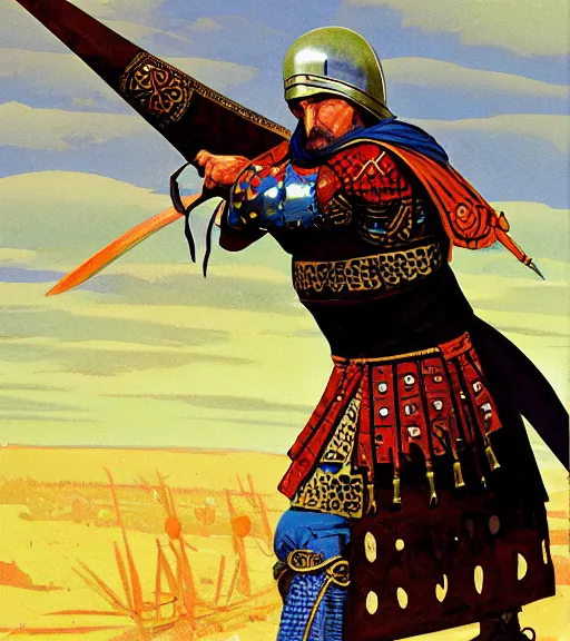 Image similar to character art illustration portrait of a medieval Byzantine infantry warrior by Angus McBride, dynamic pose.