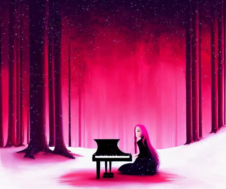 Image similar to a painting of a beautiful face gothic girl, pink hair in a stunning red dress playing a piano in the dark snowy forestby randolph stanley hewton and alena aenami, cg society contest winner, retrofuturism, matte painting