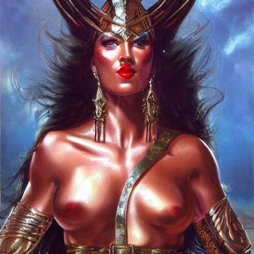 Prompt: detailed oil painting of tall hyper - muscular shining bronze - skinned warrior woman with silver eyes, wearing xena armor, full body, with long wavy flowing black hair and big gold earrings, jewelry, red lipstick, makeup, feminine, volumetric lighting, dynamic composition, art by boris vallejo, heavy metal magazine