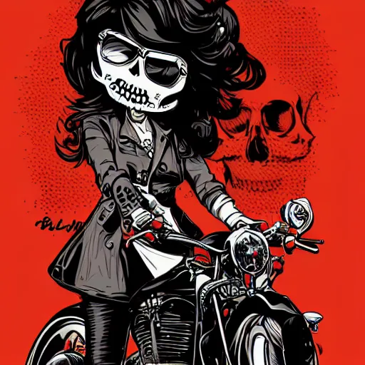 Image similar to portrait skull girl biker by petros afshar, tom whalen, laurie greasley, jc leyendecker and singer sargent