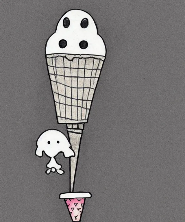 Image similar to cute drawing of a happy ghost holding an ice cream cone, cartoon, anime, cute