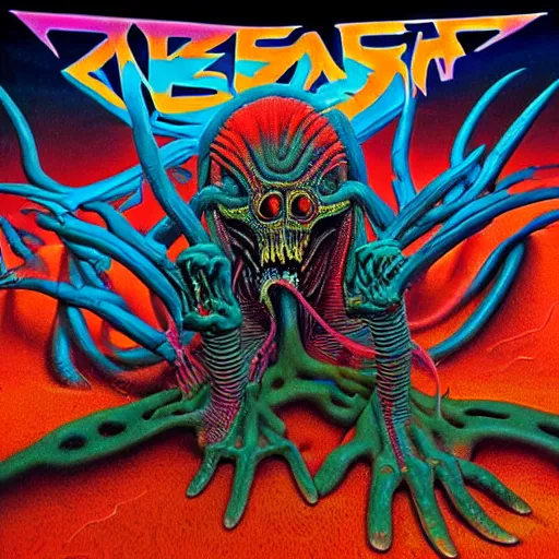 Image similar to thrash metal album cover in the style of wayne barlowe and kenny scharf and mark arian, realistic, insanely detailed, soft, smooth, airbrush, play-doh