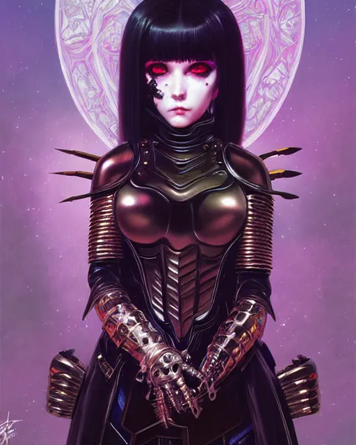 Image similar to portrait of beautiful cute goth girl in warhammer armor, art by kuvshinov ilya and wayne barlowe and gustav klimt and artgerm and wlop