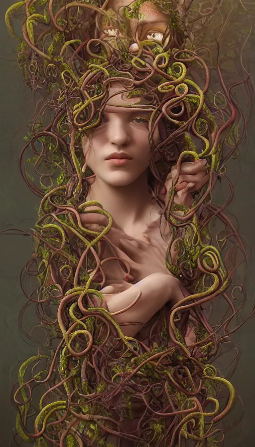 Prompt: very detailed portrait of a 2 0 years old girl surrounded by tentacles, the youg woman visage is blooming from fractal and vines, by ivan aivazovski,
