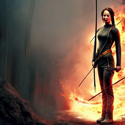 Prompt: jennifer lawrence as katniss everdeen, standing in front of a giant mouse, holding the elder wand, digital art by greg rutkowski, artstation, sharp focus, intricate, detailed, but as photography by steve mccurry