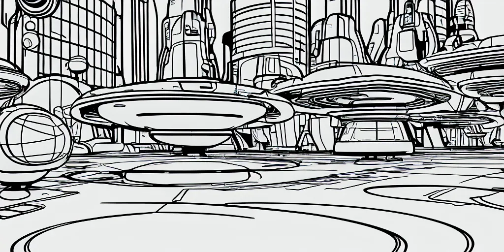 Prompt: futuristic space port in the style of the jetsons cartoon, retro line art, path traced