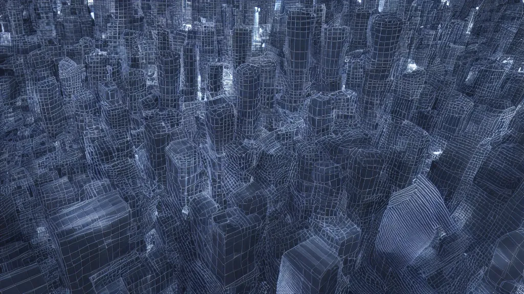 Image similar to 3 d fractal cityscape at night, ambient occlusion, octane render