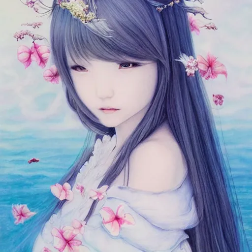 Image similar to princess Portrait by Miho Hirano, manga, realistic, detailed, white, light pink tonalities, beautiful collage technique including flora, sea, wind, ornate sea background, beautiful Fantasy detailed trending on artstation, oil painting,Dramatic lighting, eterea , high quality print, fine art with subtle redshift rendering