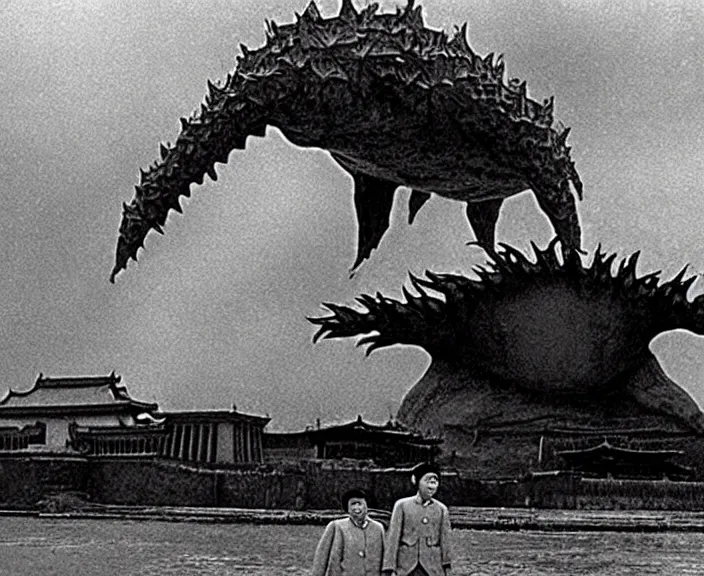 Image similar to a filmstill of a north korean monster movie, kaiju - eiga monster with starfish - arms trampling a traditional korean palace, foggy, film noir, epic battle, etheral, explosions, communist propaganda, communist epic thriller produced by kim jong - il, cinematography by akira kurosawa and tim burton, video compression