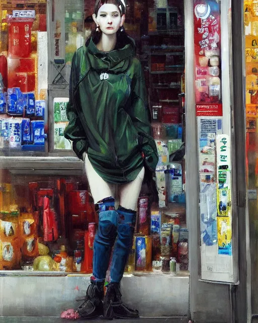 Image similar to a ultradetailed beautiful panting of a stylish woman standing next to a convenience store, she is wearing streetwear, highly detailed face, oil painting, half body painting, by ruan jia