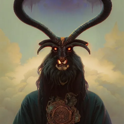 Image similar to Highly detailed portrait of Baphomet, unreal engine, fantasy art by Greg Rutkowski, Loish, Rhads, ferdinand knab, Makoto Shinkai and Lois van baarle, ilya kuvshinov, rossdraws, Tom Bagshaw, alphonse mucha, global illumination, radiant light, detailed and intricate environment