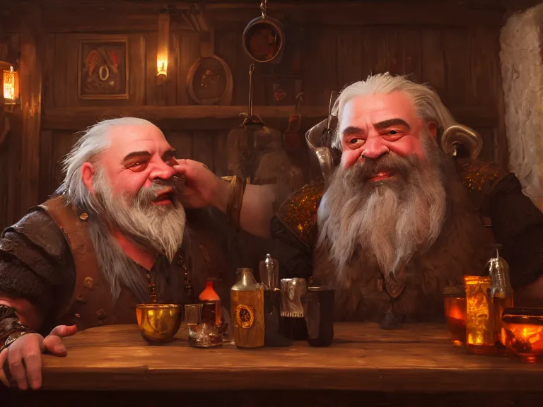 Image similar to Drunk Dwarf talks to Raven at the Tavern, RPG Portrait, Oil Painting, Trending on Artstation, octane render, Insanely Detailed, 8k, HD