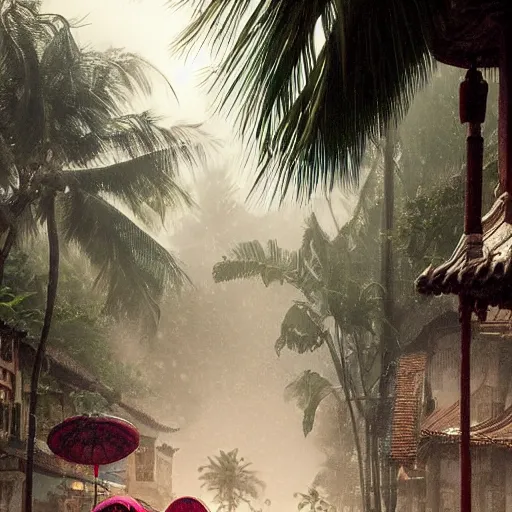 Image similar to monsoon on tropical island, chinese, ornate, beautiful, atmosphere, vibe, mist, coconuts, rain, wet, pristine, puddles, melting, dripping, snow, creek, lush, ice, bridge, forest, roses, flowers, by stanley artgerm lau, greg rutkowski, thomas kindkade, alphonse mucha, loish, norman rockwell