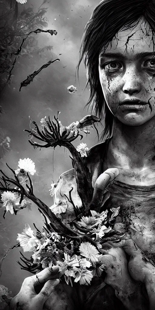 Image similar to the last of us zombie, hyperrealistic, flowers bursting, black and white, cordyceps, striking, hyperrealistic, highly detailed, soft focus, sharp, 8k,