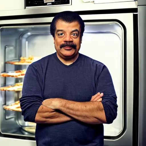 Prompt: neil degrasse tyson, surprised, crouching in front of an open oven filled with a magical lush woodland forest realm