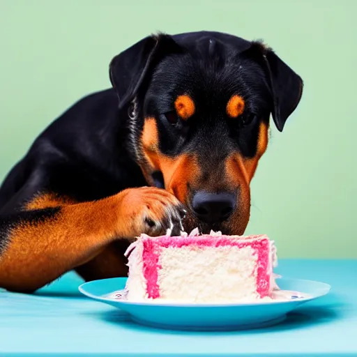 Image similar to a high - quality greeting card photo of a cute rottweiler with a half - eaten birthday cake, 4 5 mm, f 3. 5, sharpened, iso 2 0 0, raw, food photography