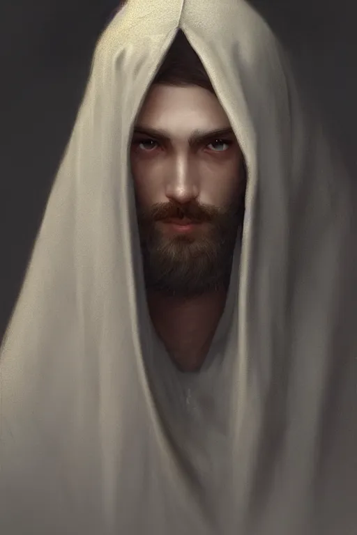 Prompt: He wears a hood to hide his features, but upon closer inspection you discover that half of his face is not what it should be, illustration, soft lighting, soft details, dark mood, painting oil on canvas by Edmund Blair Leighton and Charlie Bowater octane render trending on artstation d&d characters, 4k, 8k, HD