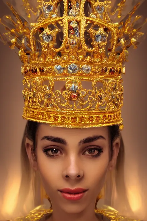 Image similar to beautiful face, gold ornaments around face, crown, flowers in the background, gold beam behind, cinematic lighting, hyper realism,