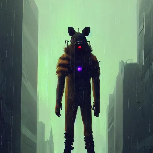 Image similar to new york city portrait of furry anthro anthropomorphic spotted hyena head animal person fursona wearing clothes strange cybernetic muzzle gloomy rainy screenshot from the video game cyberpunk 2077 digital art by Greg Rutkowski, Simon Stalenhag, christopher nolan trending on Artstation, CGSociety