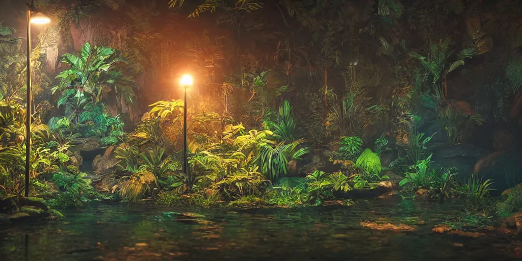 Prompt: Amazonian neon jungle at night with rocks and water puddle on the floor, unreal 5, hyperrealistic, realistic, photorealistic, dynamic lighting, highly detailed, cinematic landscape, studio landscape, studio lighting