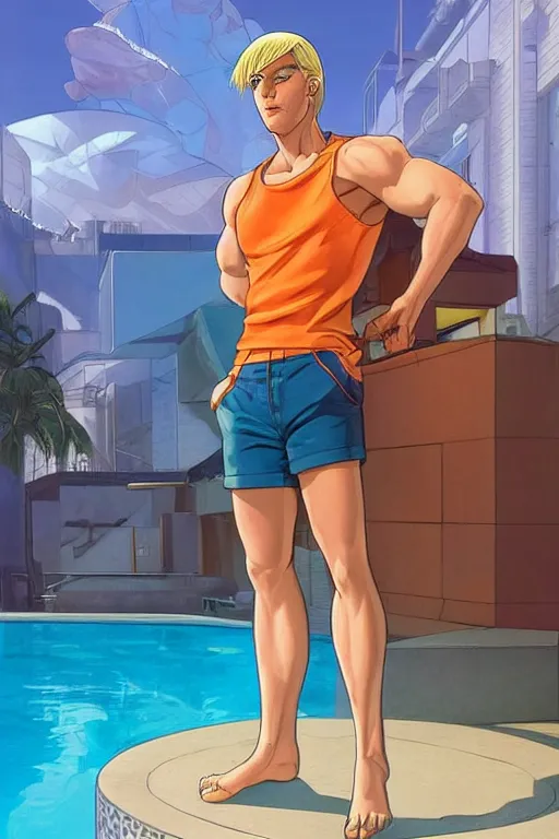 Image similar to a handsome man with blonde hair who is also a male android, ken, muscular, wearing a cut-off white tank top and short light orange shorts, stands by a swimming pool, facing forward, in the style of artgerm and moebius and annie liebovitz, photorealistic, highly detailed