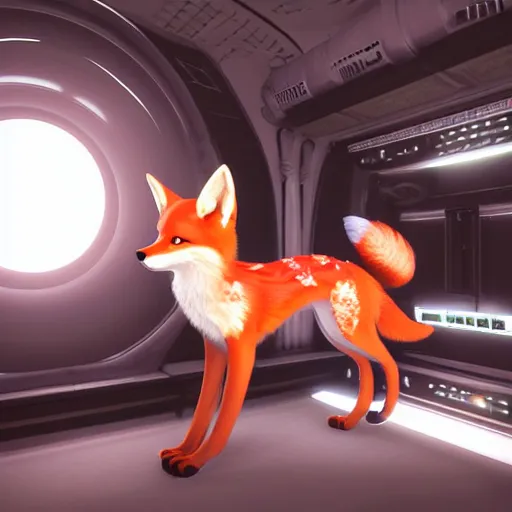 Prompt: a vintage photography of a kitsune fox inside a spaceship, realistic unreal engine 5