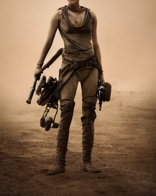 Image similar to photoshoot of ana taylor - joy dressed as a young imperator furiosa in mad max fury road prequel, photoshoot in the style of annie leibovitz, george miller, studio lighting, soft focus 9 mm lens, bokeh