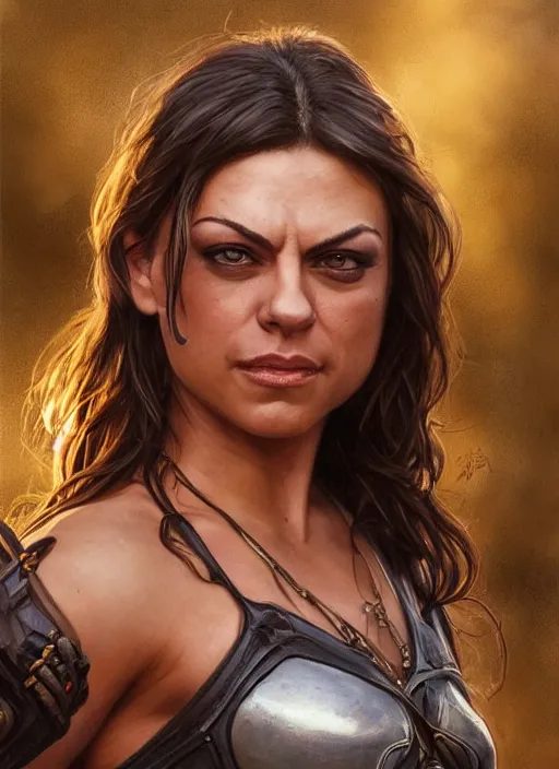 Image similar to muscled Mila Kunis grinning as a ruggedly handsome heroine, intricate, elegant, highly detailed, centered, artstation, concept art, smooth, sharp focus, illustration, bokeh art by artgerm and donato giancola and Joseph Christian Leyendecker, WLOP