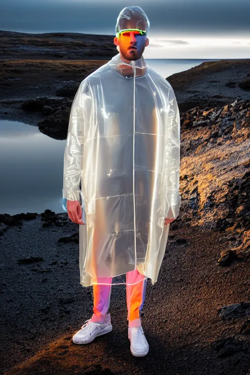 Image similar to an ultra high definition professional high fashion portrait studio full length photograph of a male model wearing a transparent pearlescent raincoat and neon visor in an icelandic black rock environment at dawn. no artefacts. extremely detailed. stark. refraction. shallow depth of field. volumetric light and shadow. ray tracing. light rays.