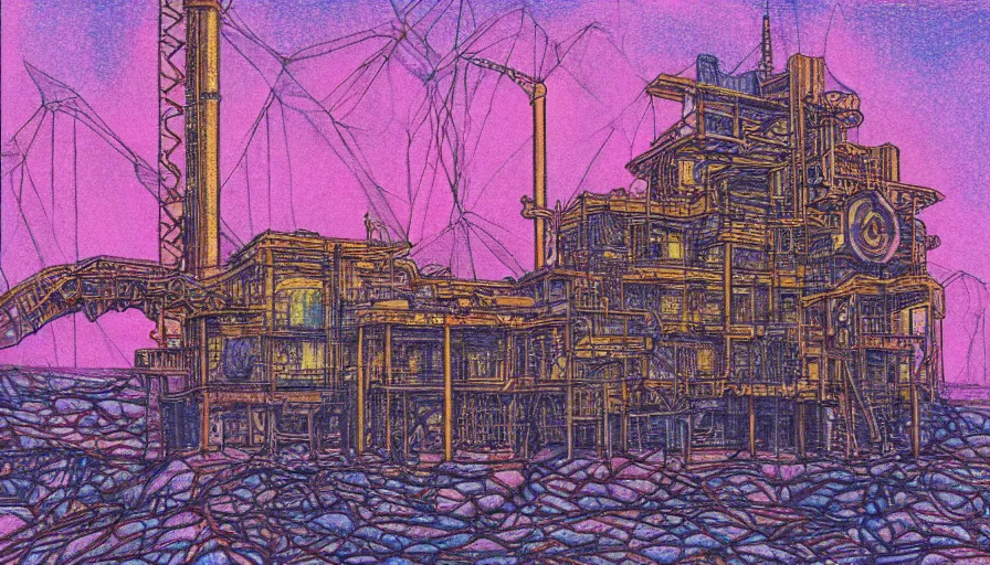 Prompt: corlaine in the pink palace, colored pencil crosshatch, Golden ratio, Oil rig, solarpunk